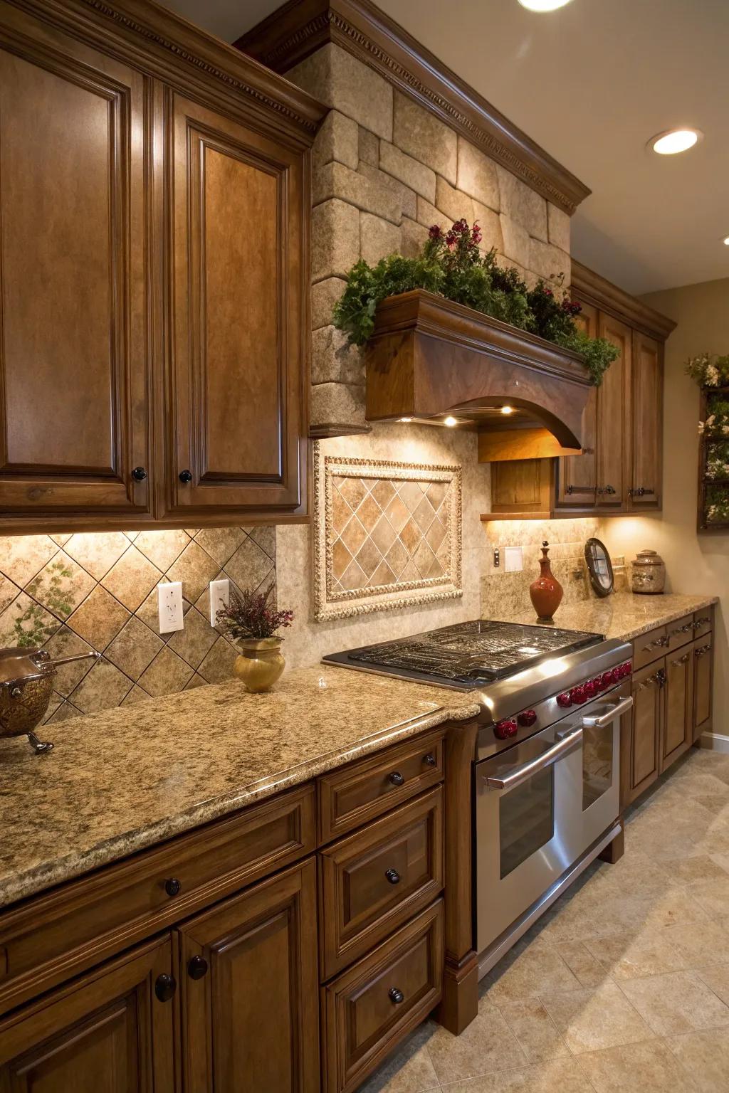 Natural stone tiles enhance the rustic charm of Sierra Gold stone.