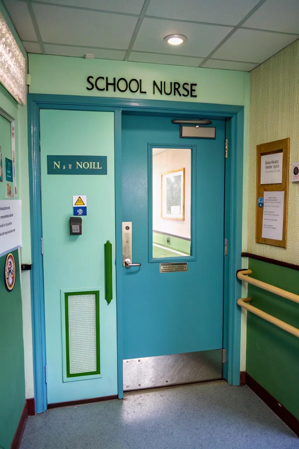A serene school nurse's entrance exhibiting soothing colors.