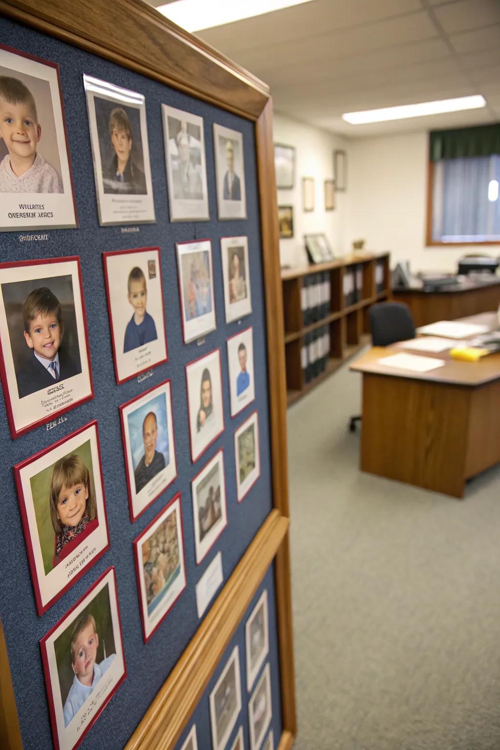 A grade-by-grade board displaying school photos.