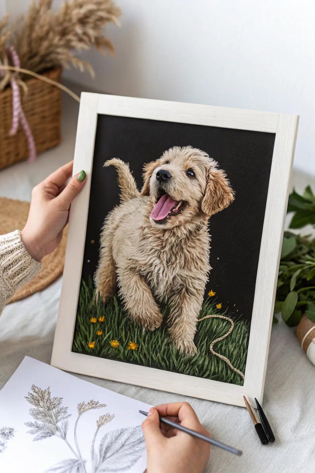 Bring joy and warmth to your space with this charming scratchboard puppy portrait, a perfect blend of minimalist elegance and boho charm.