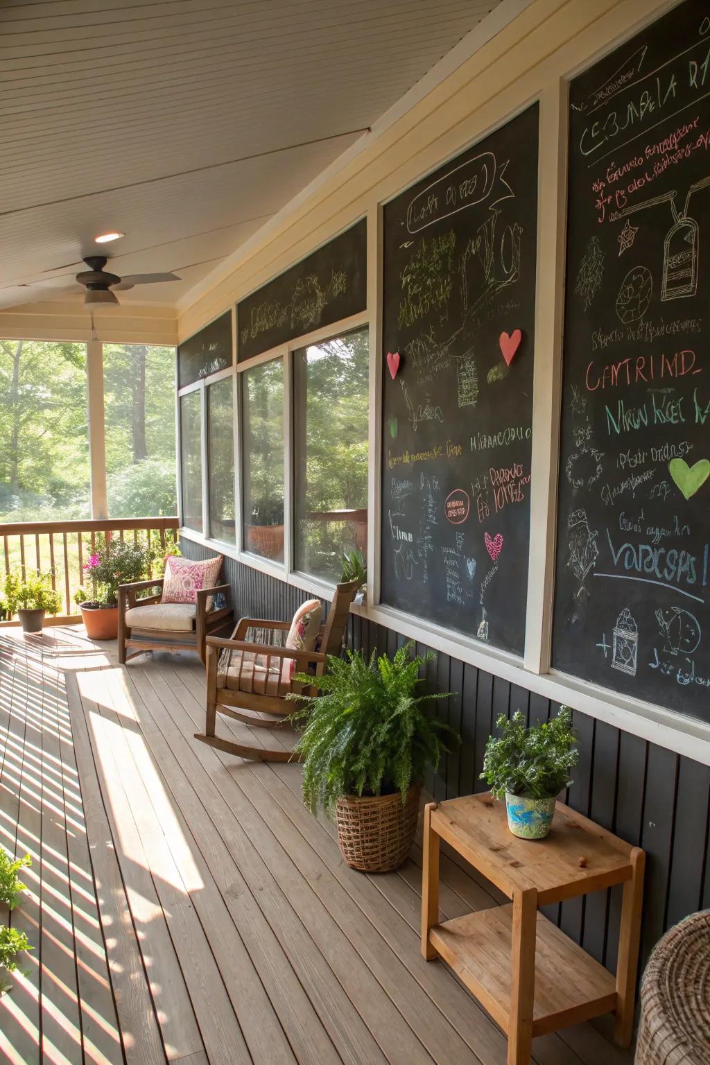 The porch is given a whimsical touch by a chalkboard wall.