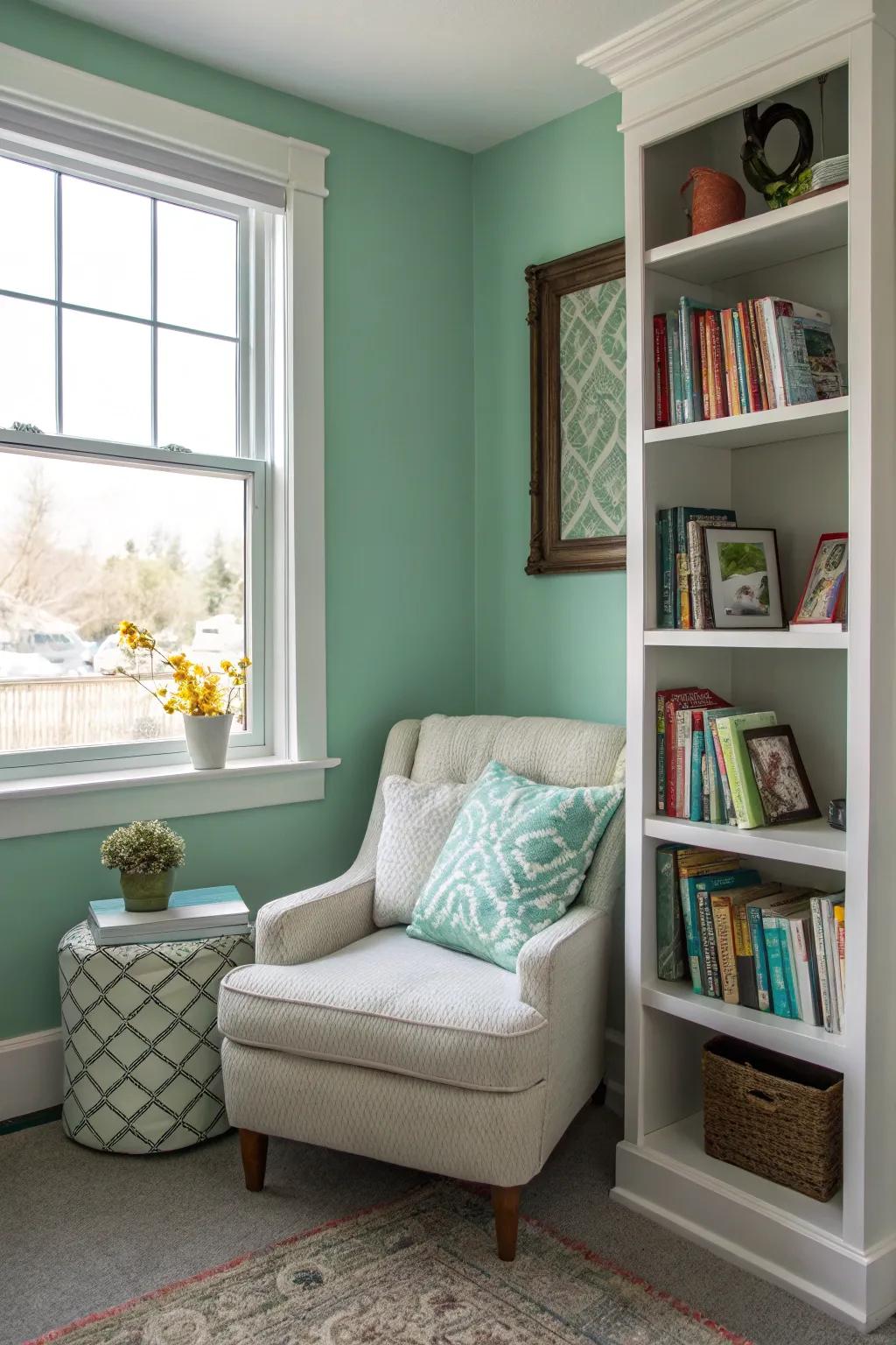 A snug reading space showcases soothing seafoam green walls.