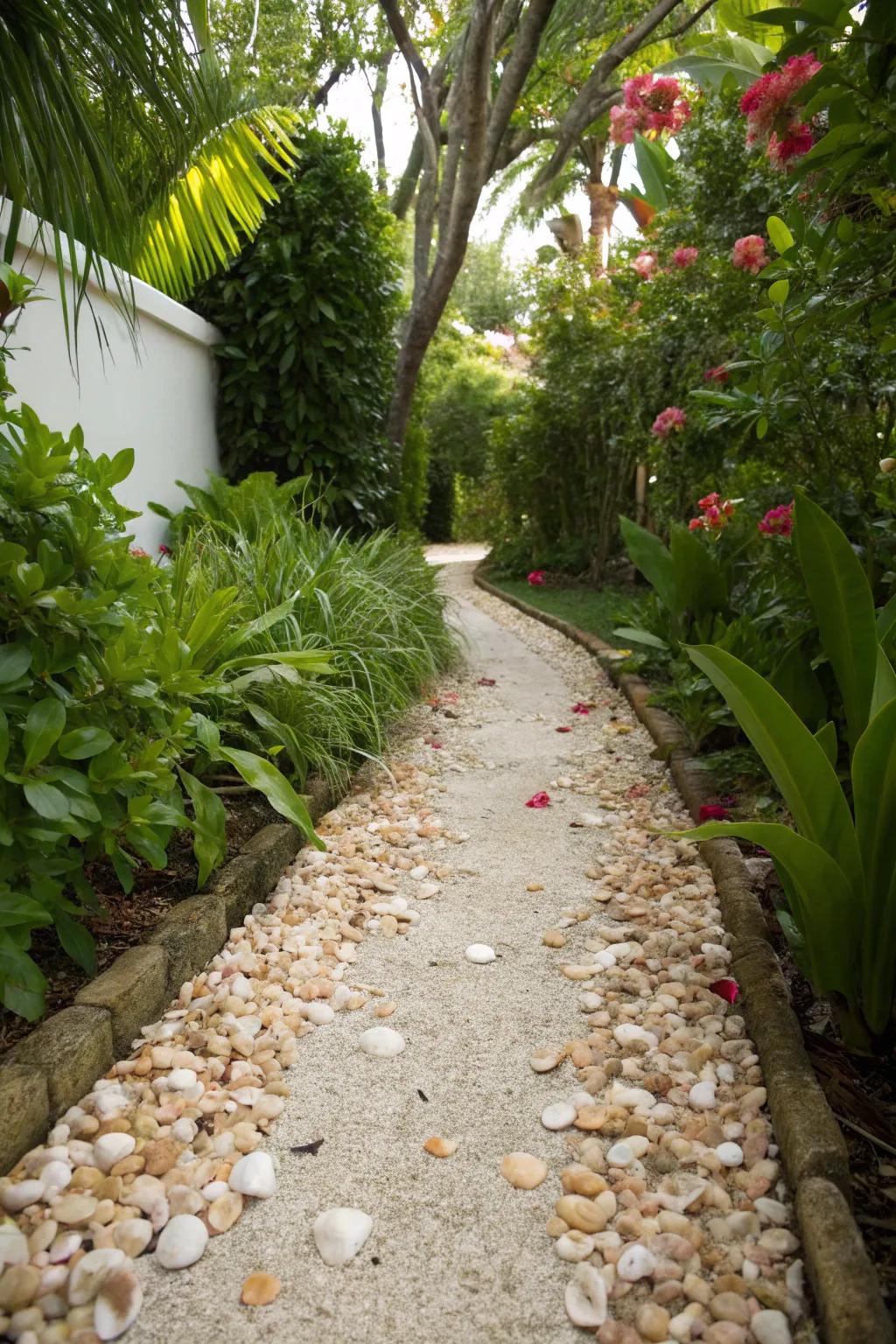 A shell-bordered path imparts natural splendor and texture to your garden.