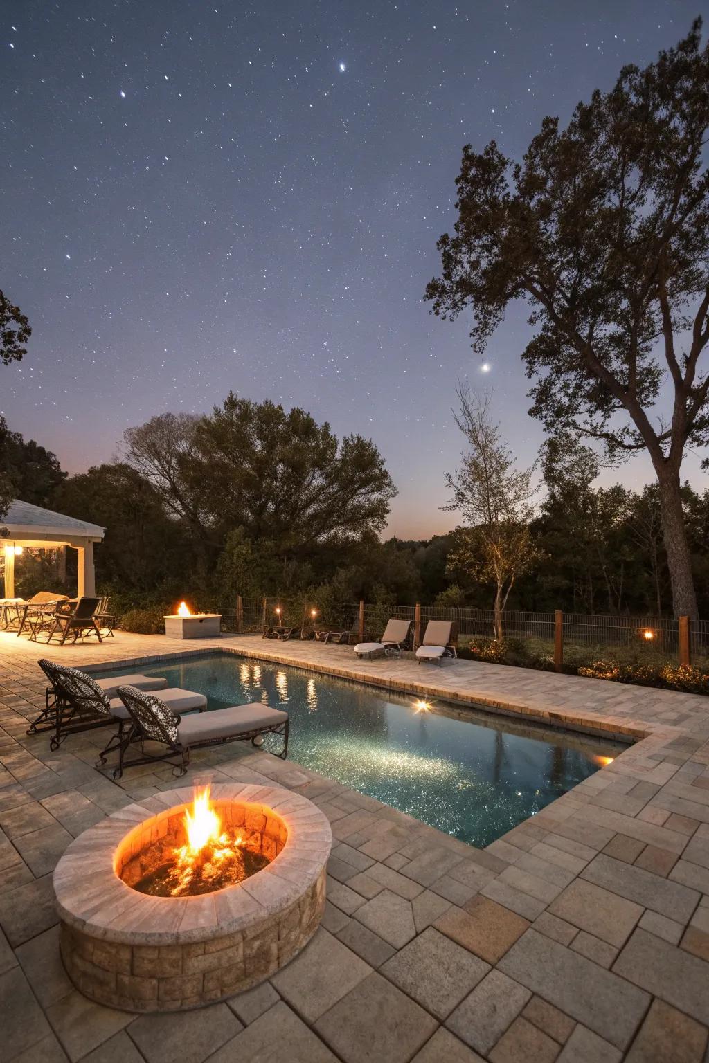 A semi inground pool complemented by a warm, inviting fire pit.