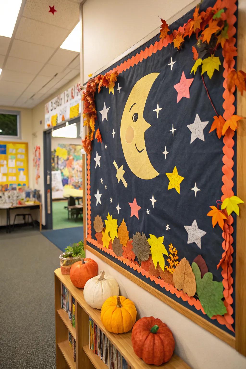 A bulletin board themed around the harvest moon, with celestial accents.