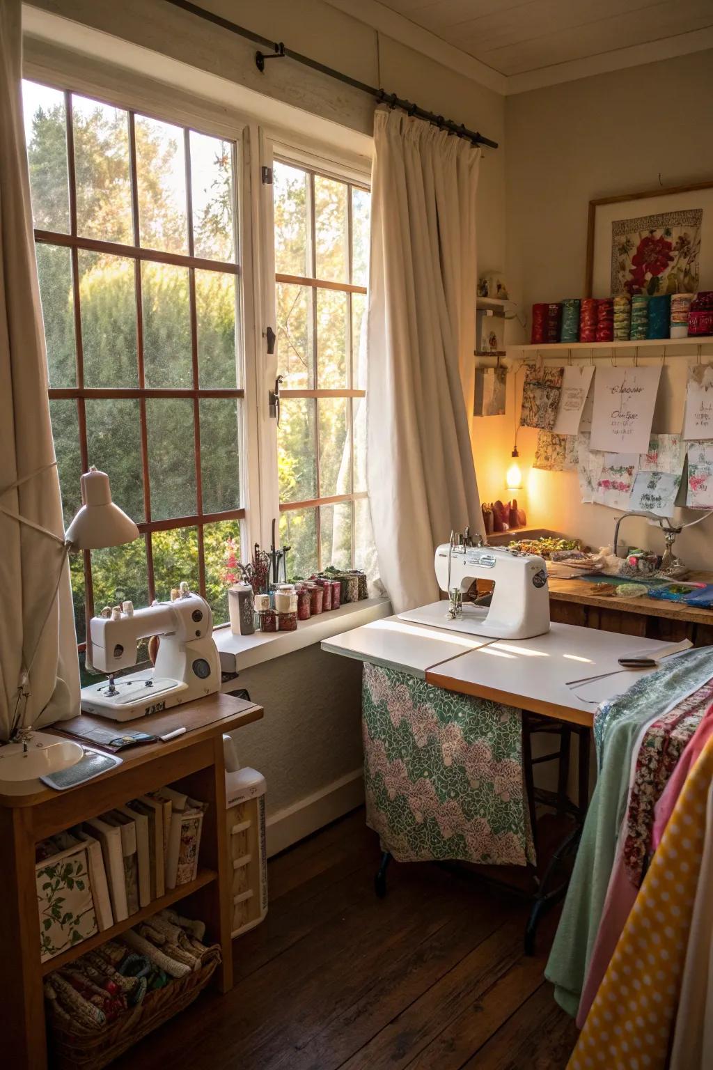 Natural light enriches the sewing setting.