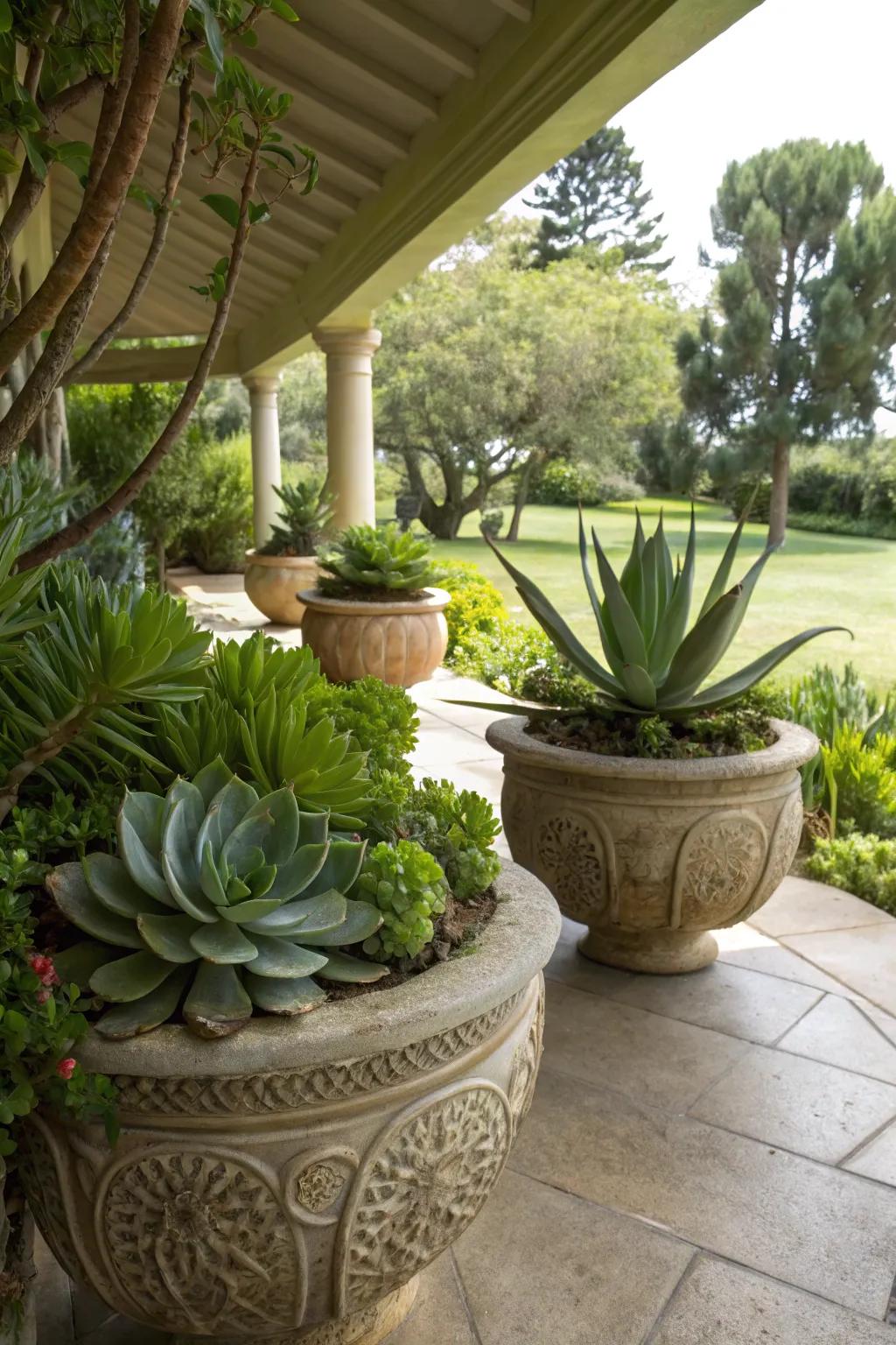 A shaded space featuring decorative pots showcasing shadow-tolerant succulents, such as Foliage Succulents and Prickly Succulents.