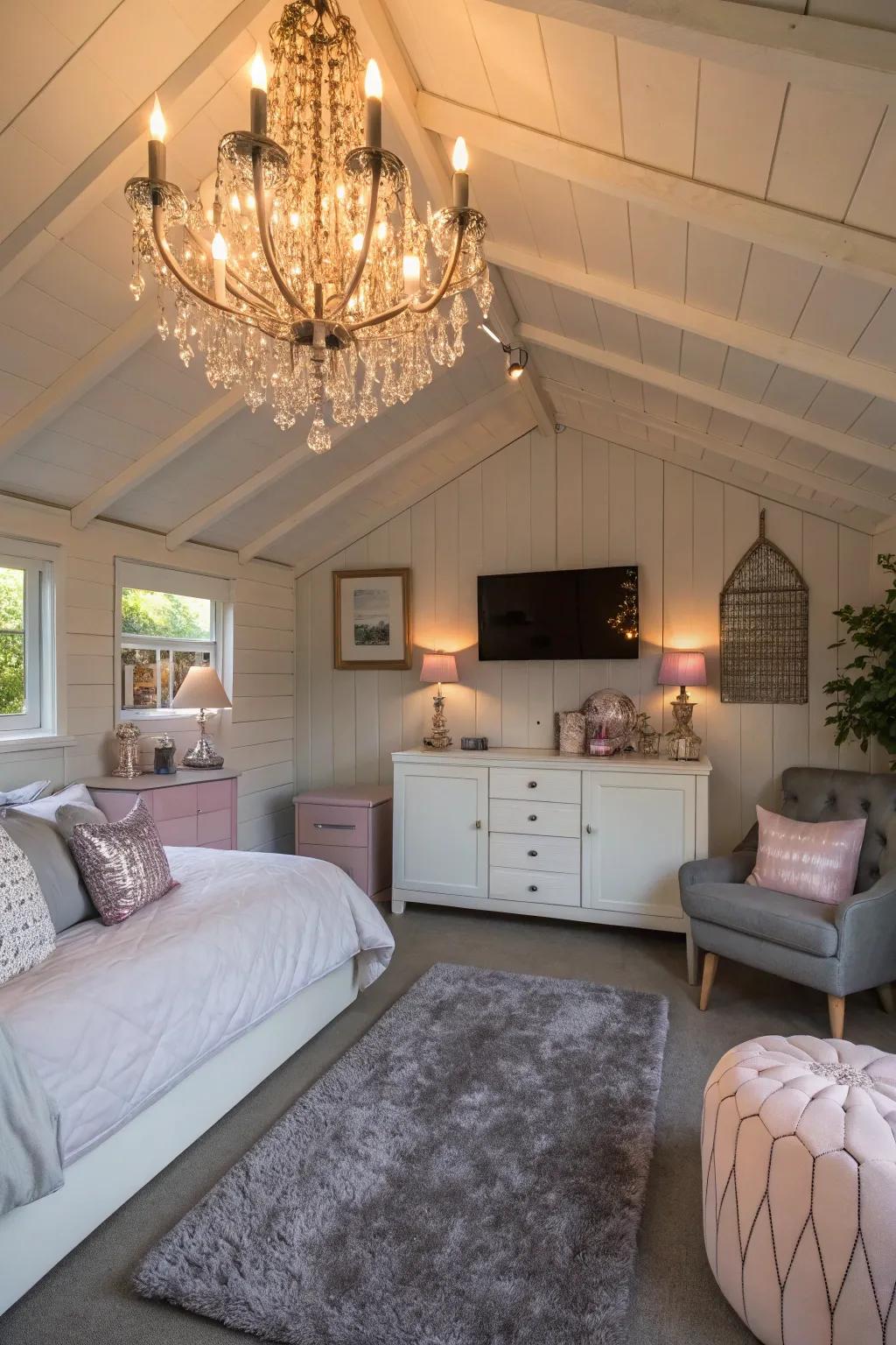 A multi-light fixture elevates your shed bedroom with a hint of elegance.