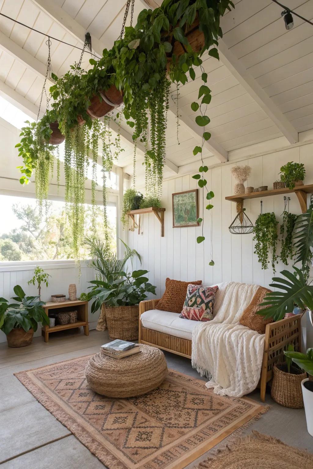 A serene retreat featuring greenery suspended from the shed ceiling.