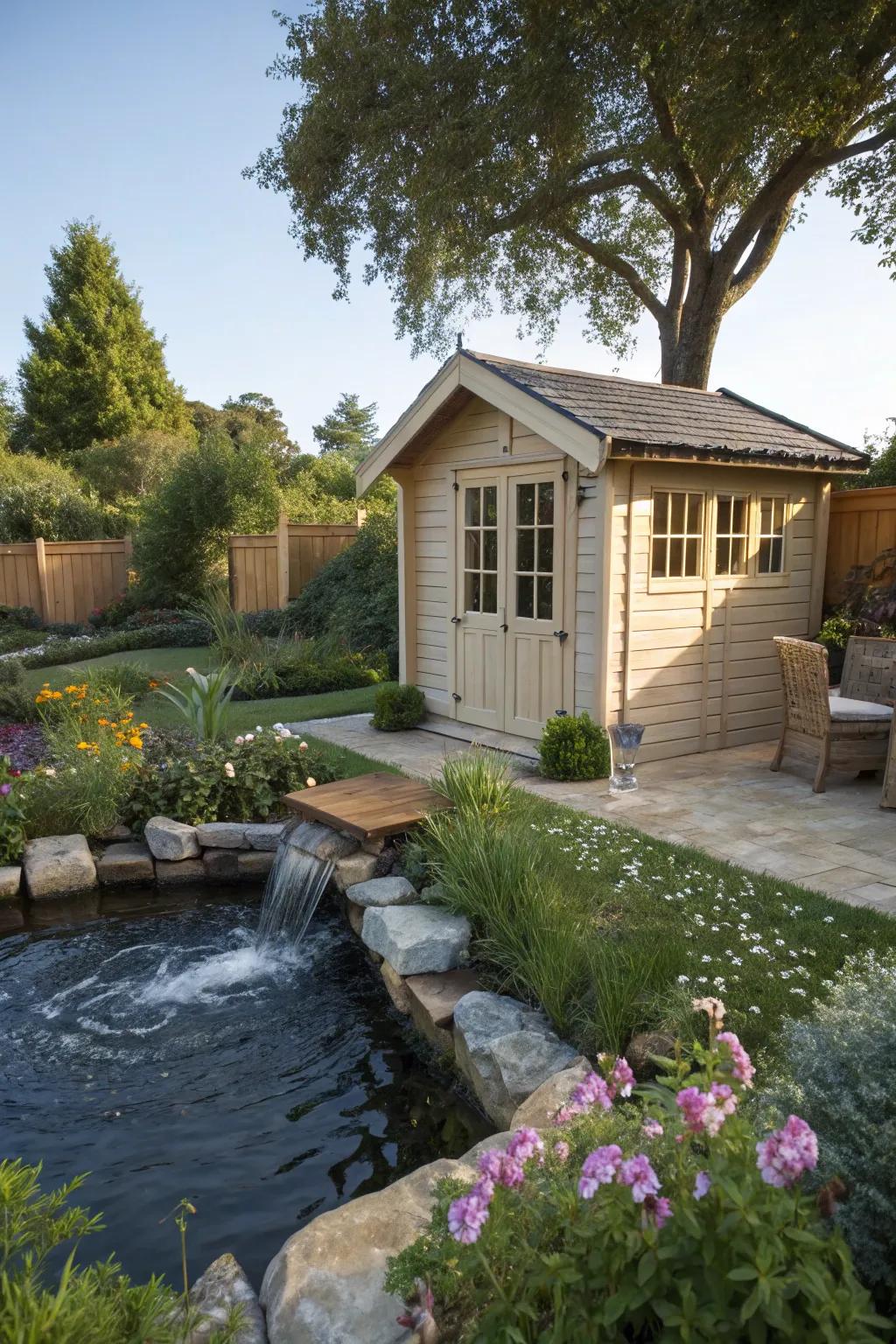 A garden shed featuring a calming water facet, enhancing tranquility.