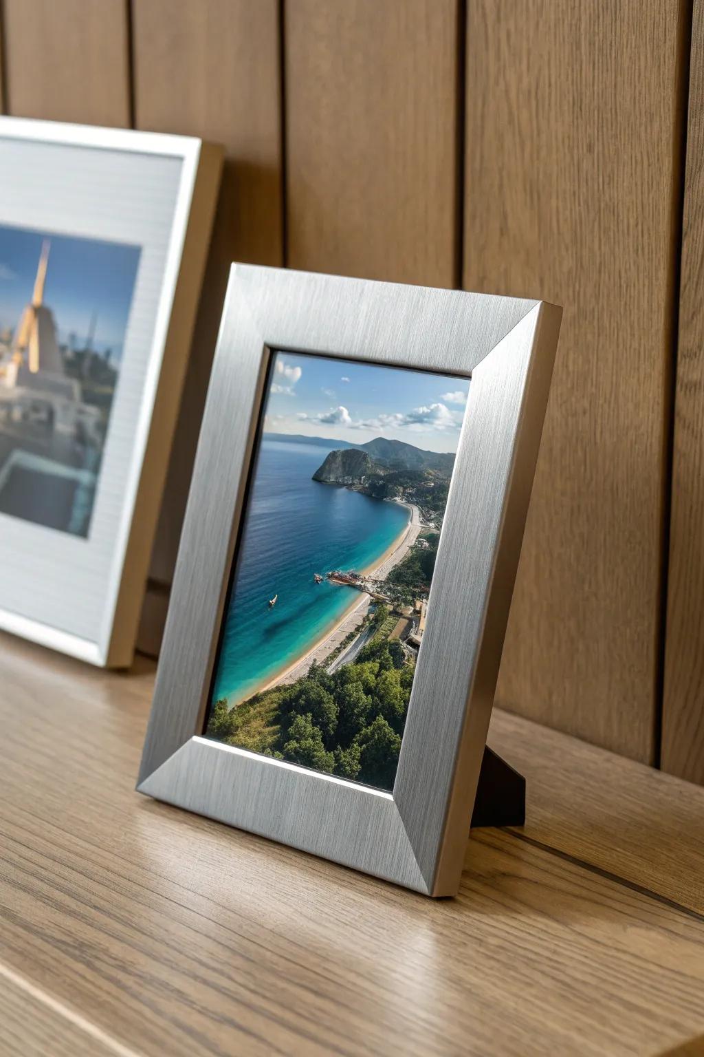 Enjoy your memories with the streamlined beauty of a metal holder&mdash;where modern design meets timeless moments.