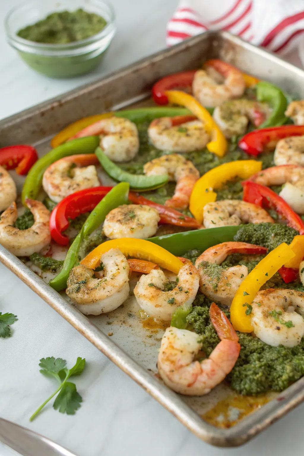 Pesto-infused shrimp with sweet peppers, a fast and tasty meal.