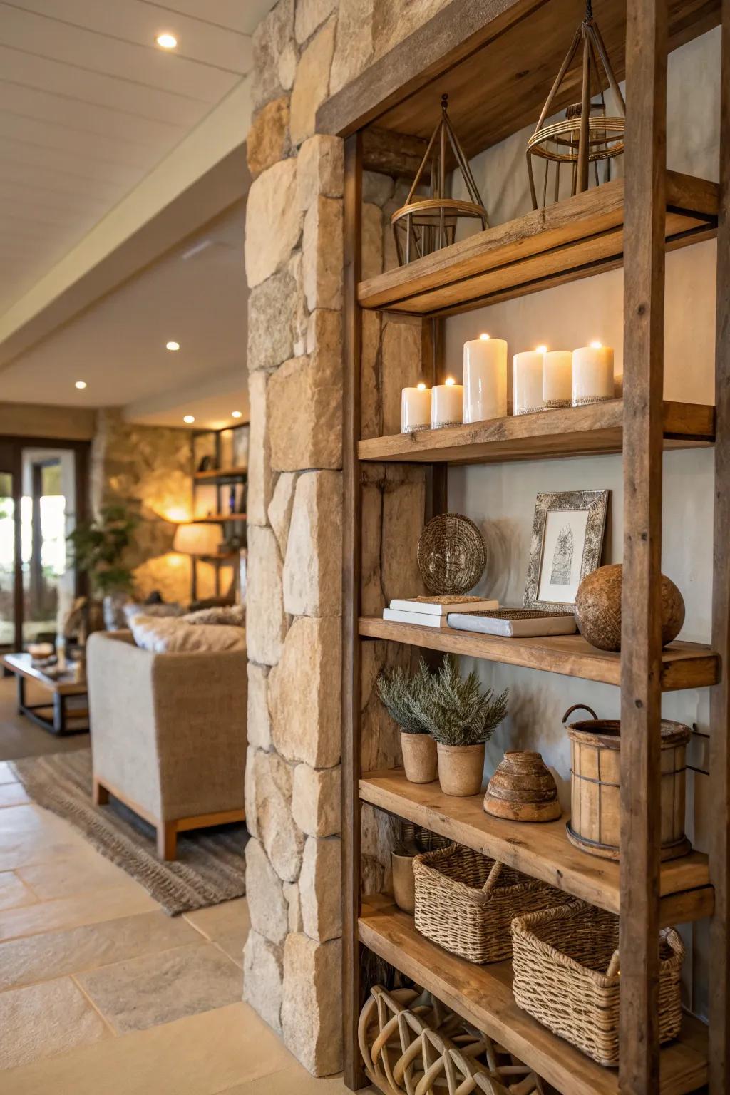 Natural materials introduce warmth and texture to shelves.
