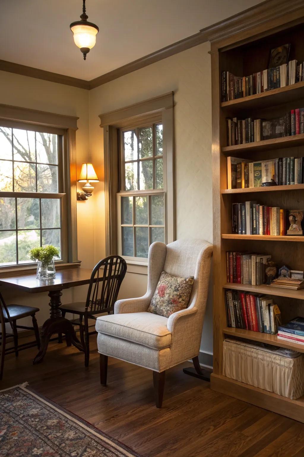 A library corner brings warmth and charm to the dining area.