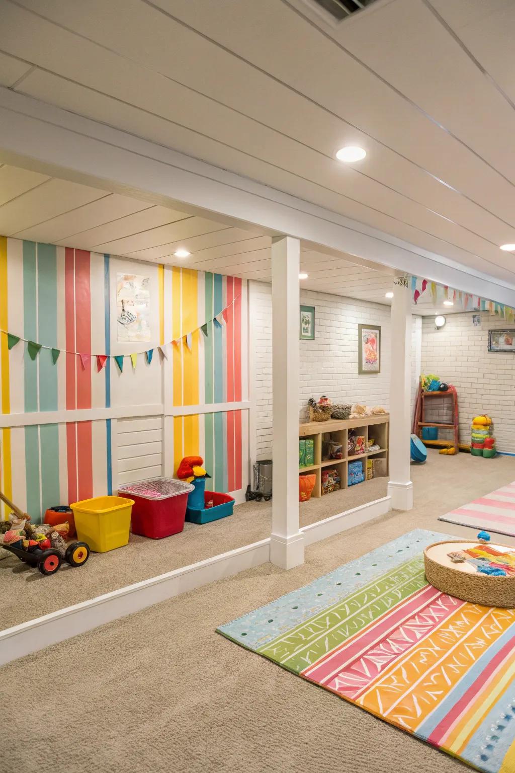 A fun kids' area in the basement with colorful groove paneling walls.