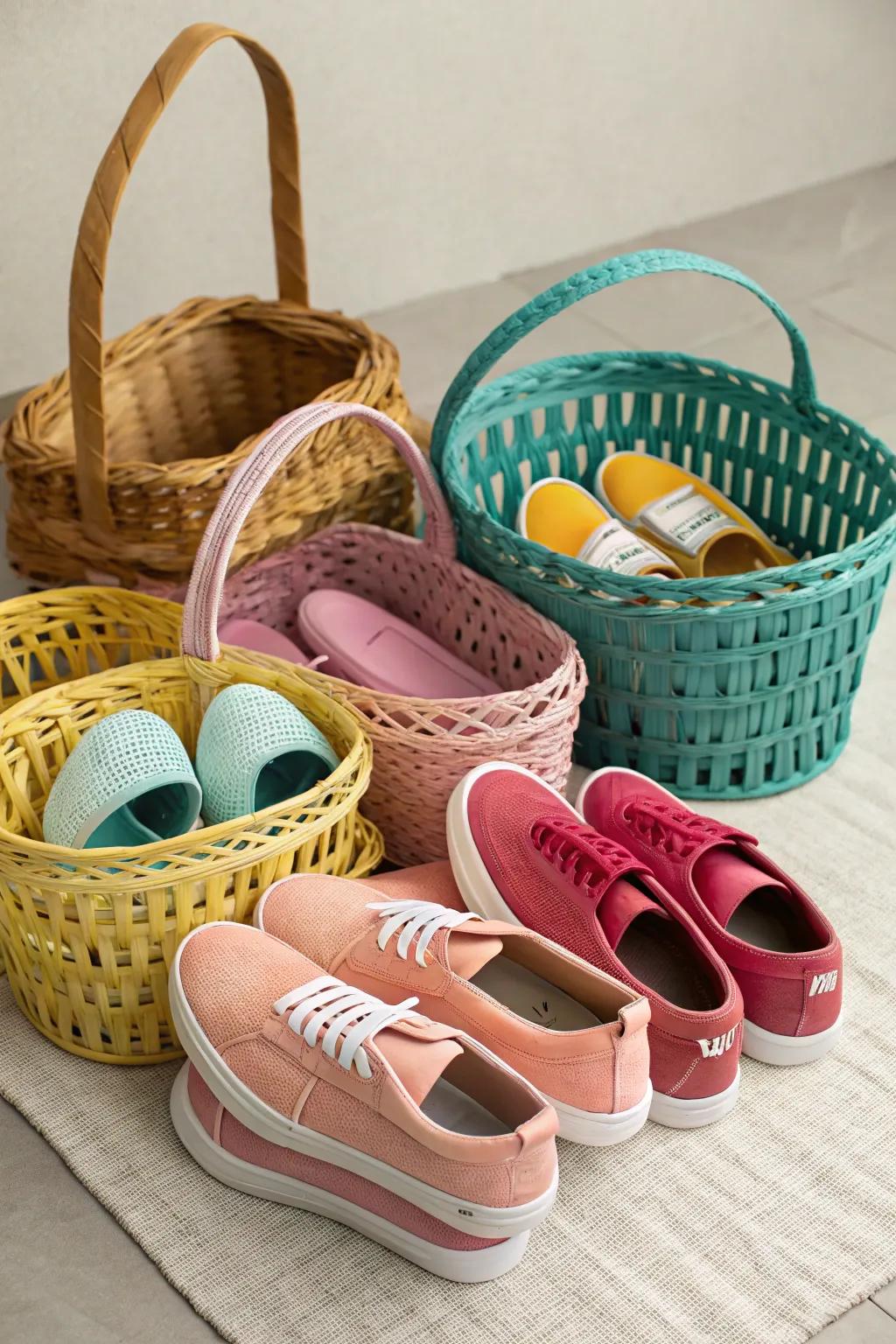 Color-organized baskets offer a structured and visually attractive shoe storage solution.
