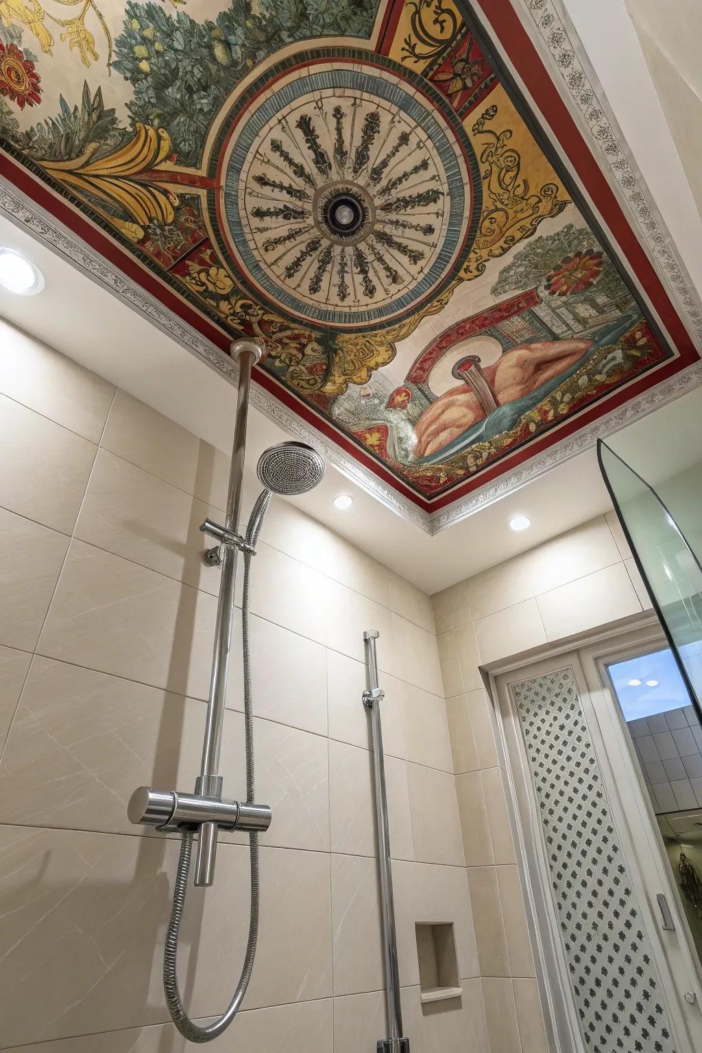 A ceiling painting adds a personal artistic touch.