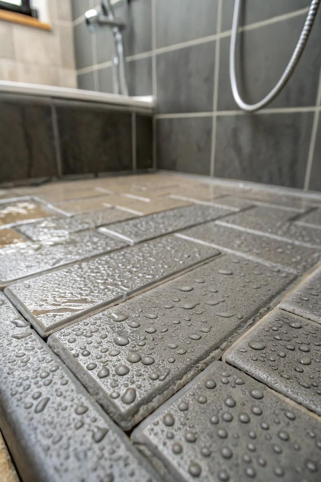 Tiles with an industrial concrete look give this shower base a modern and minimalist edge.