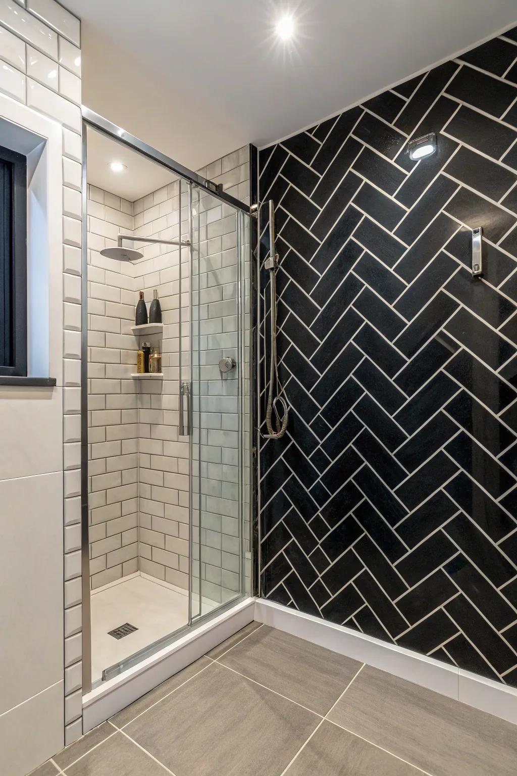 A bold and dramatic shower room with a stunning standout wall.