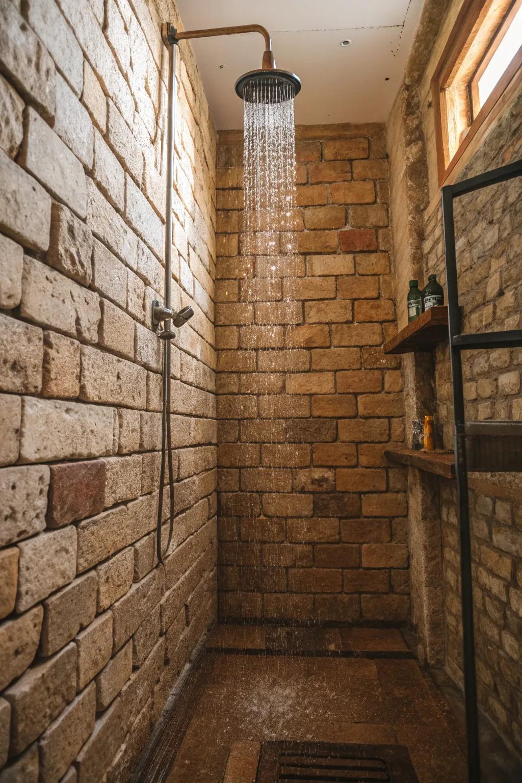 Brick tiles add a rustic and cozy touch to the shower.
