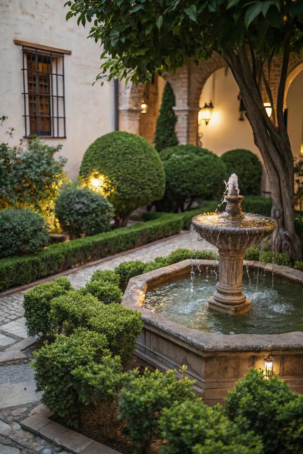 Shrubs beautifully frame a water feature, contributing tranquility to the garden.