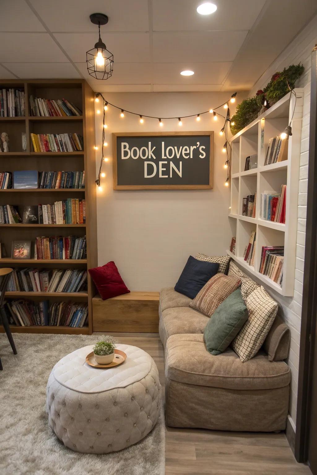 A snug reading spot featuring a 'Book Lover's Den' board and plush seating.