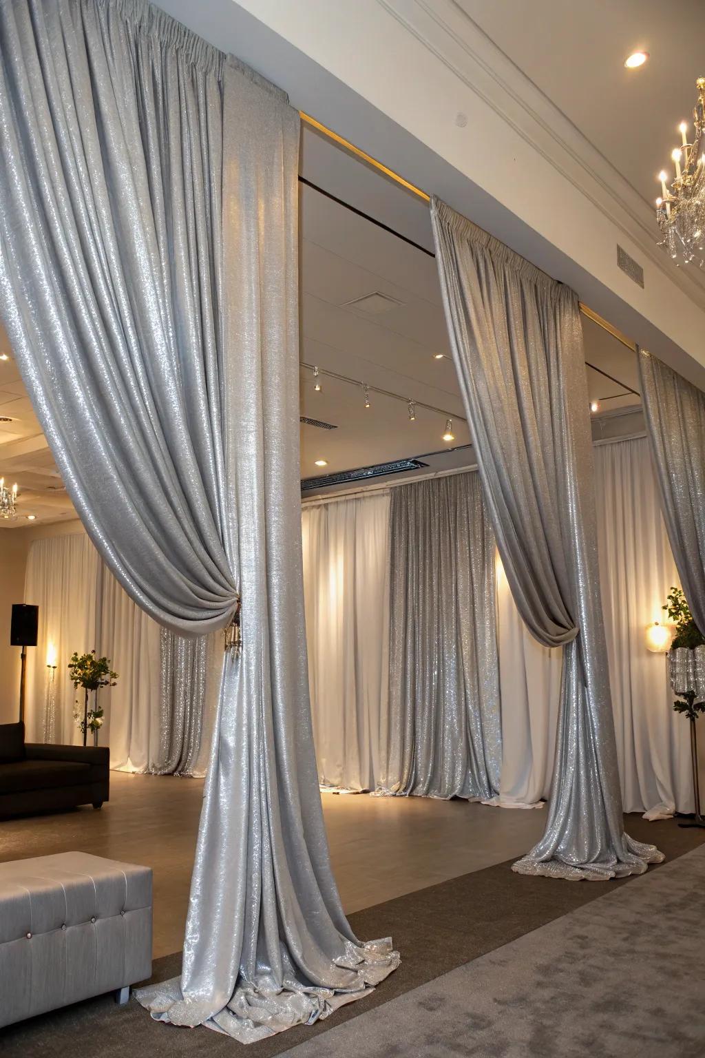 Silver drapes offer a dramatic and glamorous effect.