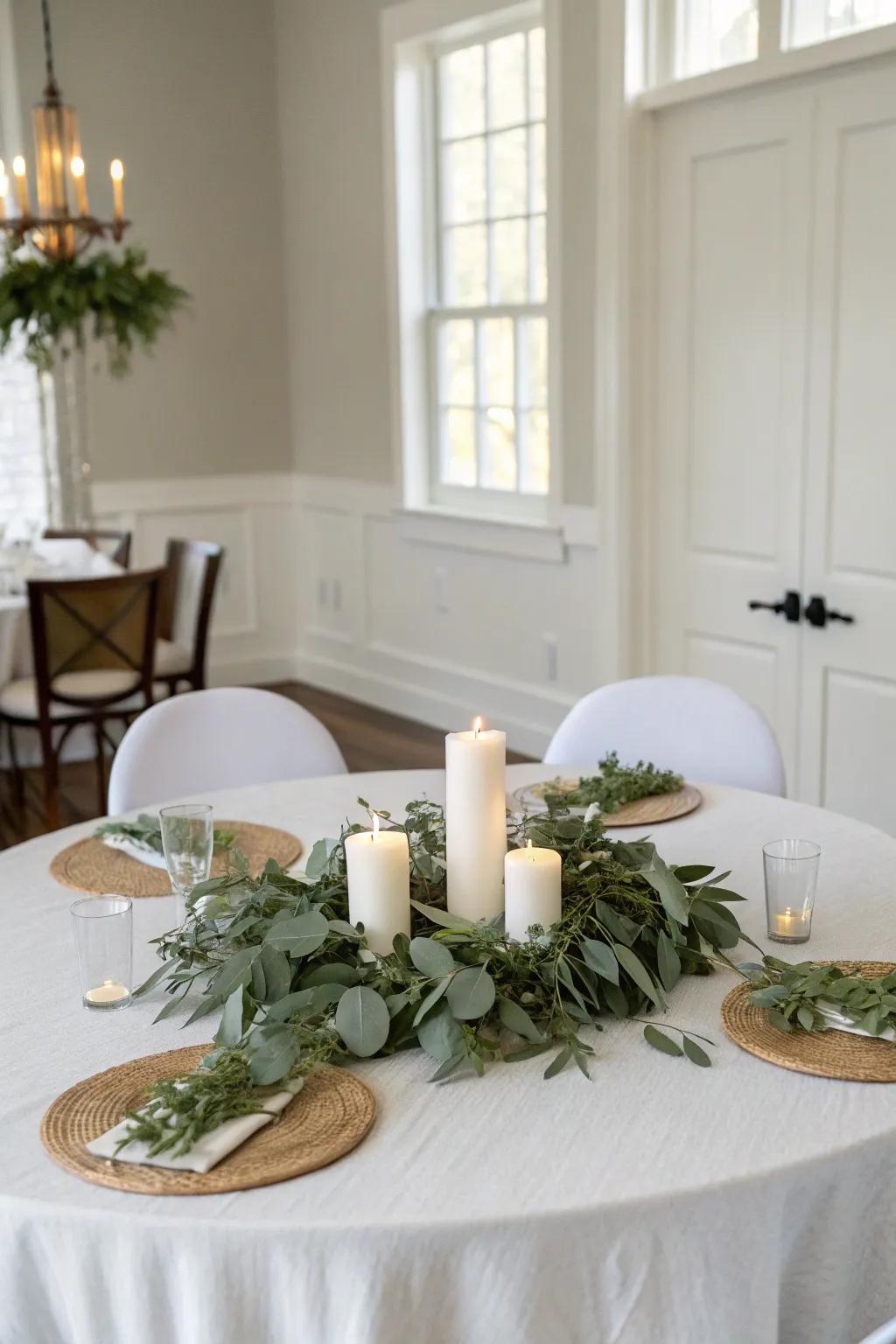 Eucalyptus and white candles make for a fresh and elegant centerpiece.