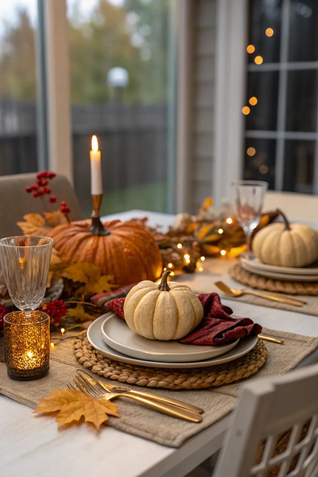 Seasonal decor keeps the table dynamic.