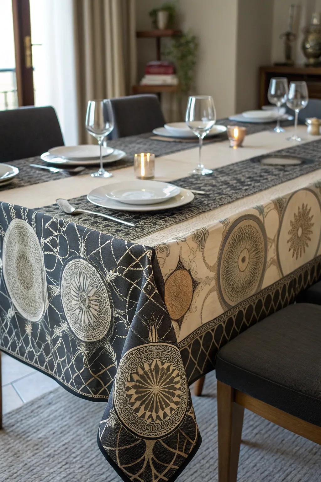 Fractal-printed fabric adds sophistication and visual interest to a dining room.