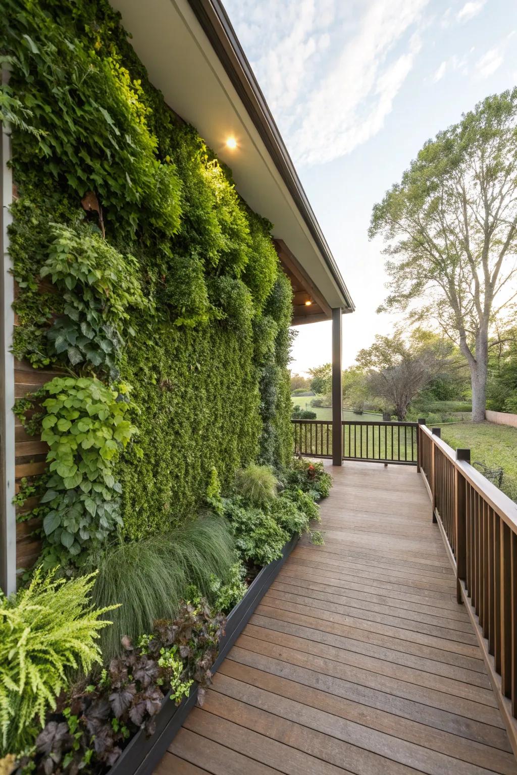 The deck is given a revitalizing green backdrop by the vertical garden wall.
