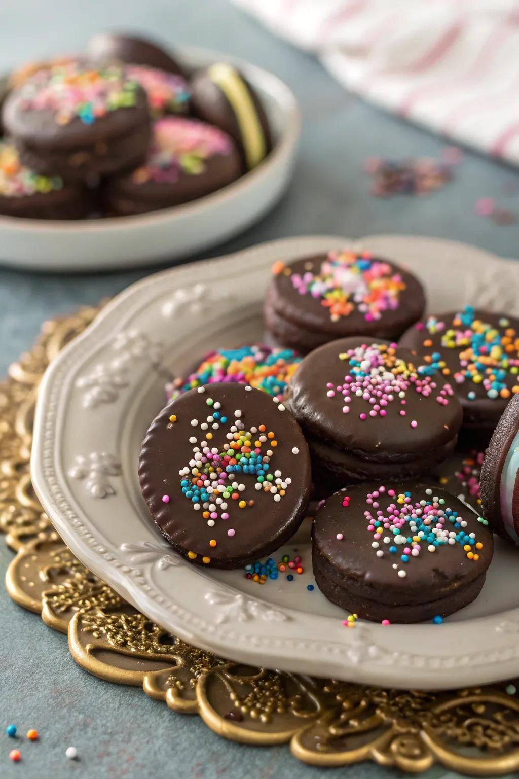 Scrumptious chocolate covered cookies, an uncomplicated and enjoyable treat.