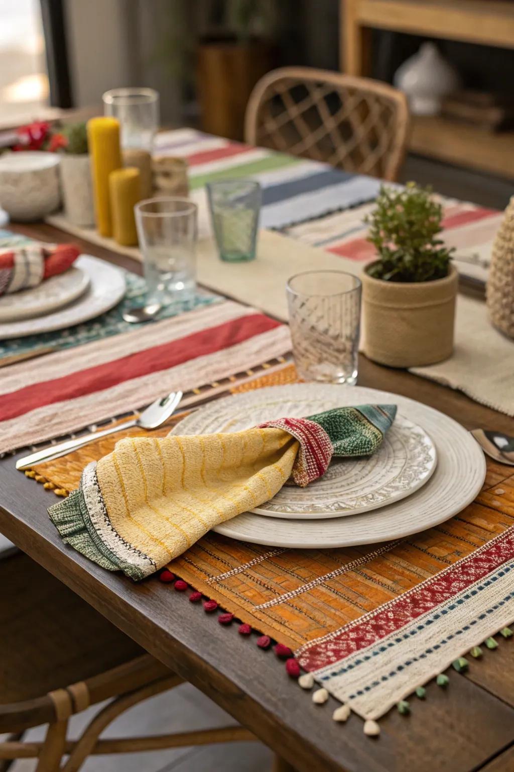 The table is made richer and more interesting by the use of layered fabrics.