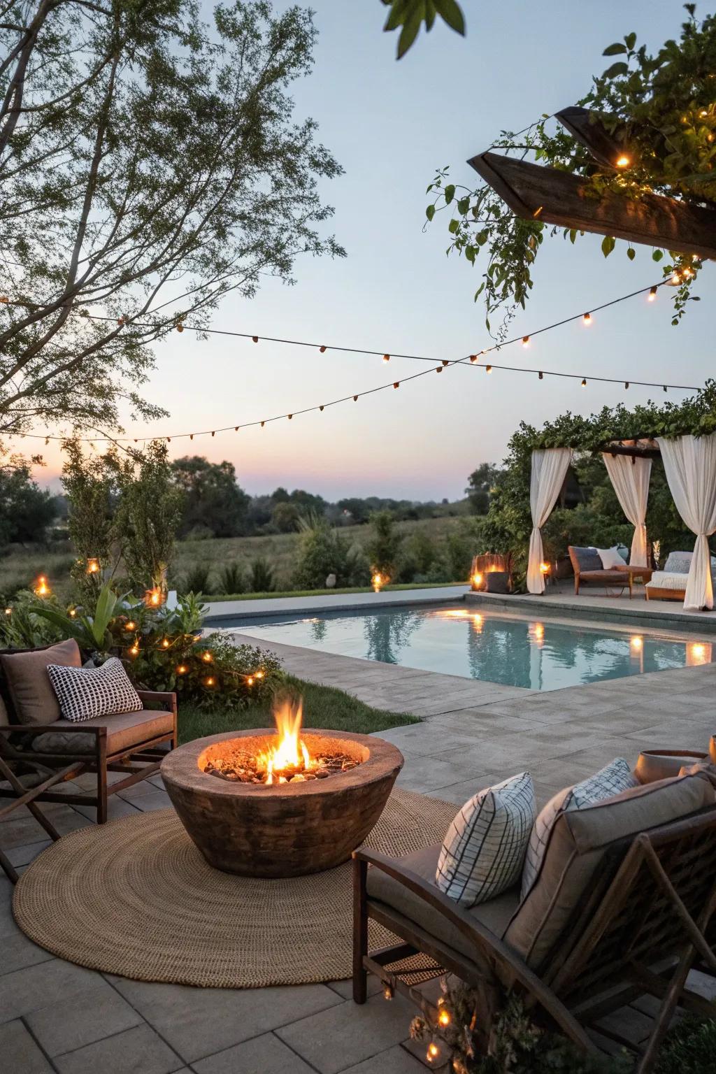 A cozy fire space improving warmth and social interactions by the pool.