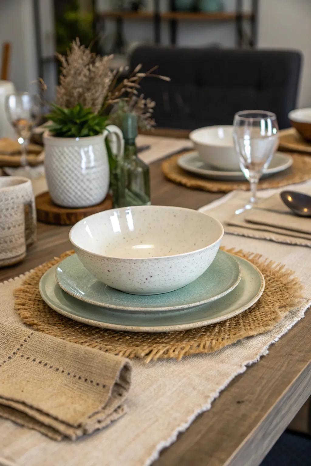 Mixing materials adds depth to the table decor.