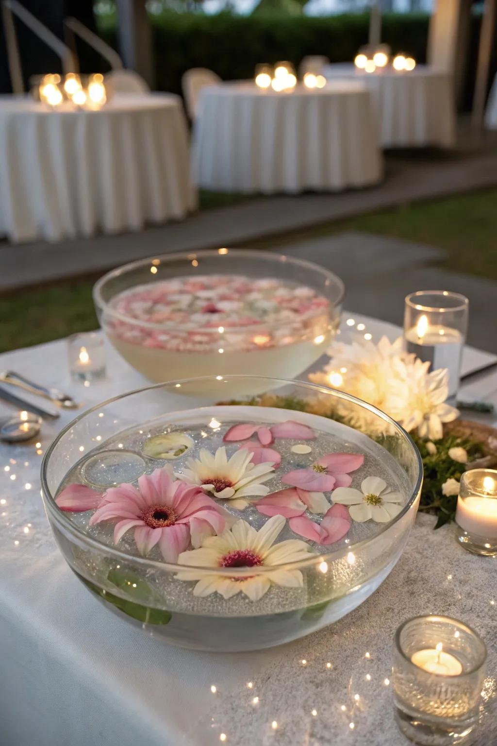 Floating blossom dishes create an uncomplicated yet stunning centerpiece.