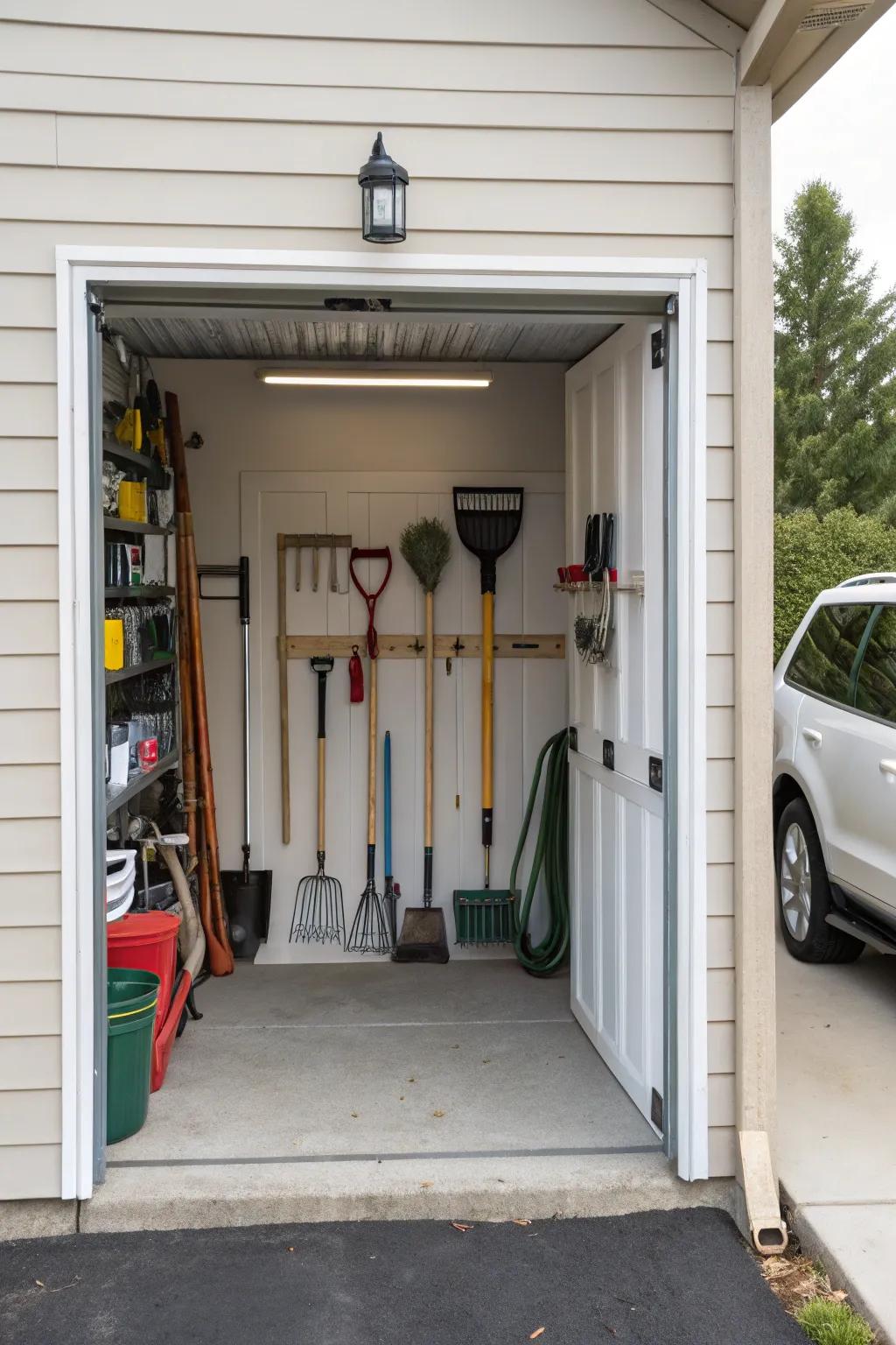 Garden tool organizers efficiently store long-handled items.