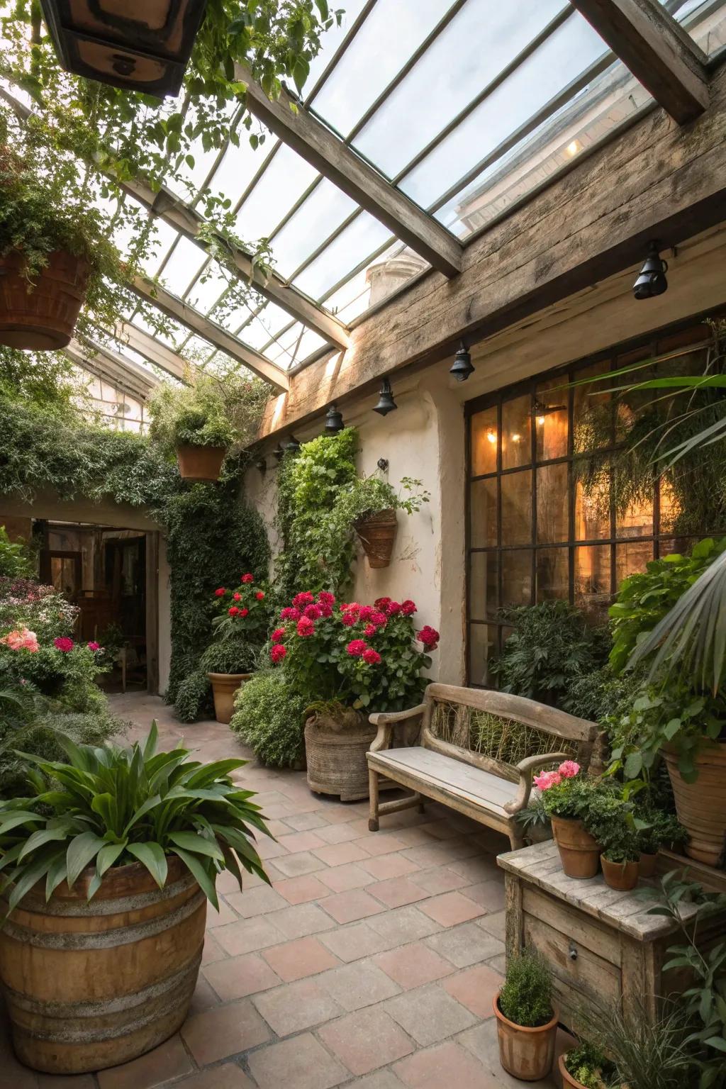 An indoor garden flourishing beneath a generous skylight.