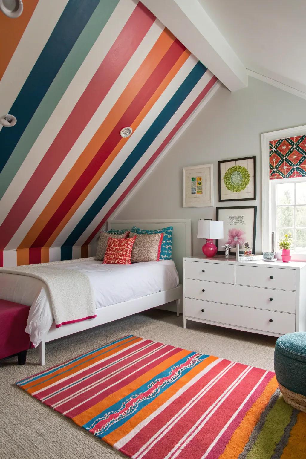 This dynamic bedroom is given a contemporary flair and energy by the stripes.