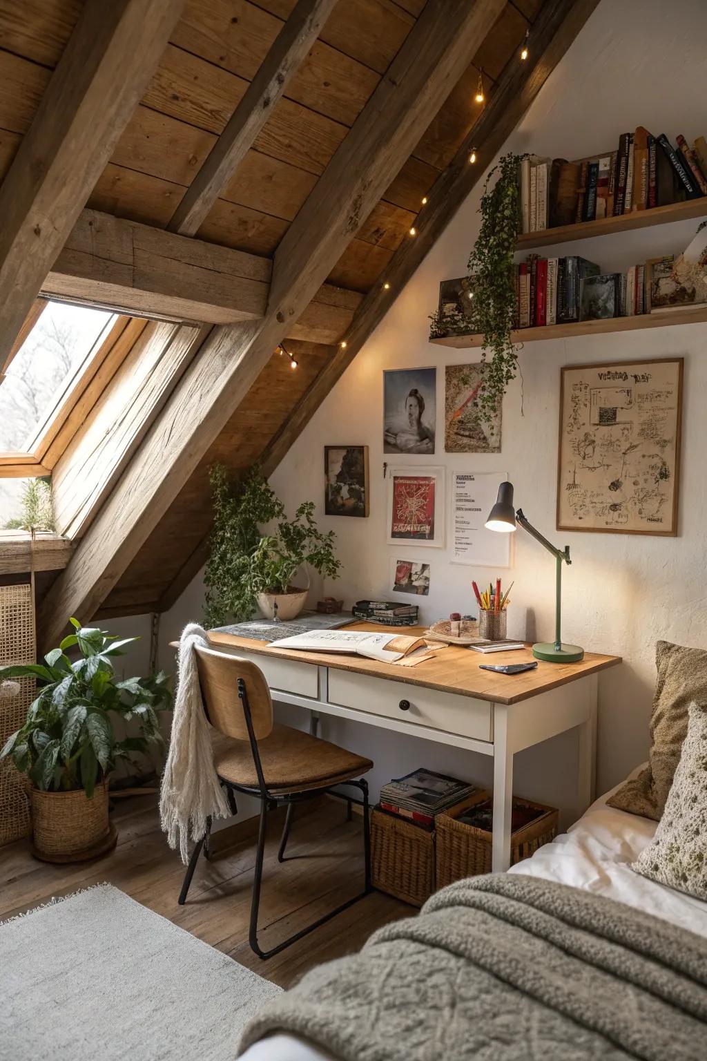 A study under the slope creates a functional workspace in this attic bedroom.
