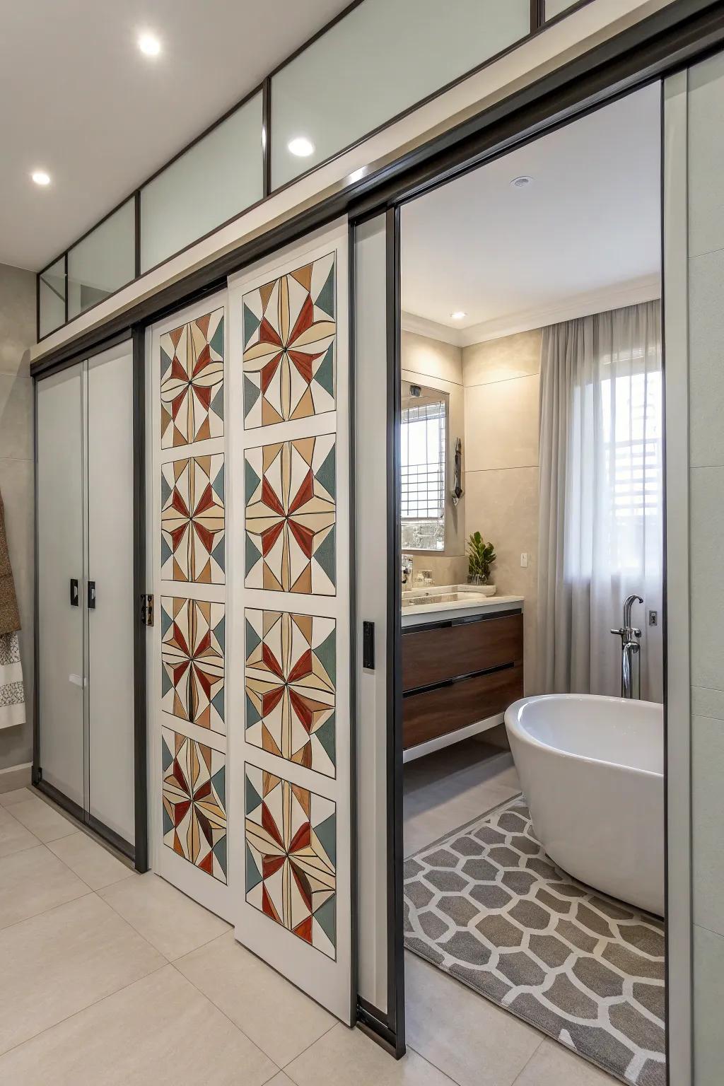In this bathroom, geometric patterns on sliding doors offer a striking and contemporary focal point.