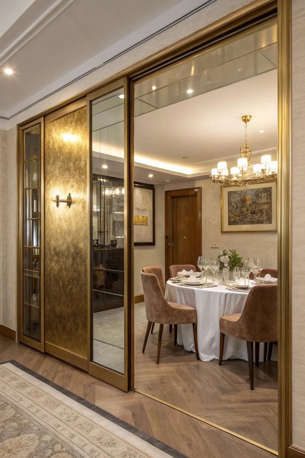 A metallic sliding door adds a touch of glamour to this dining area.