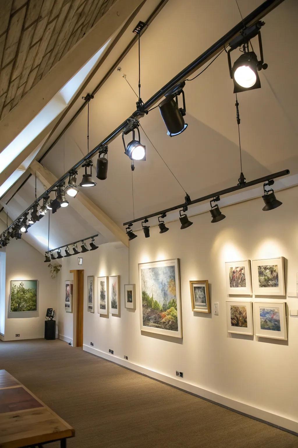 Spotlights bring focus to art pieces and structural features.