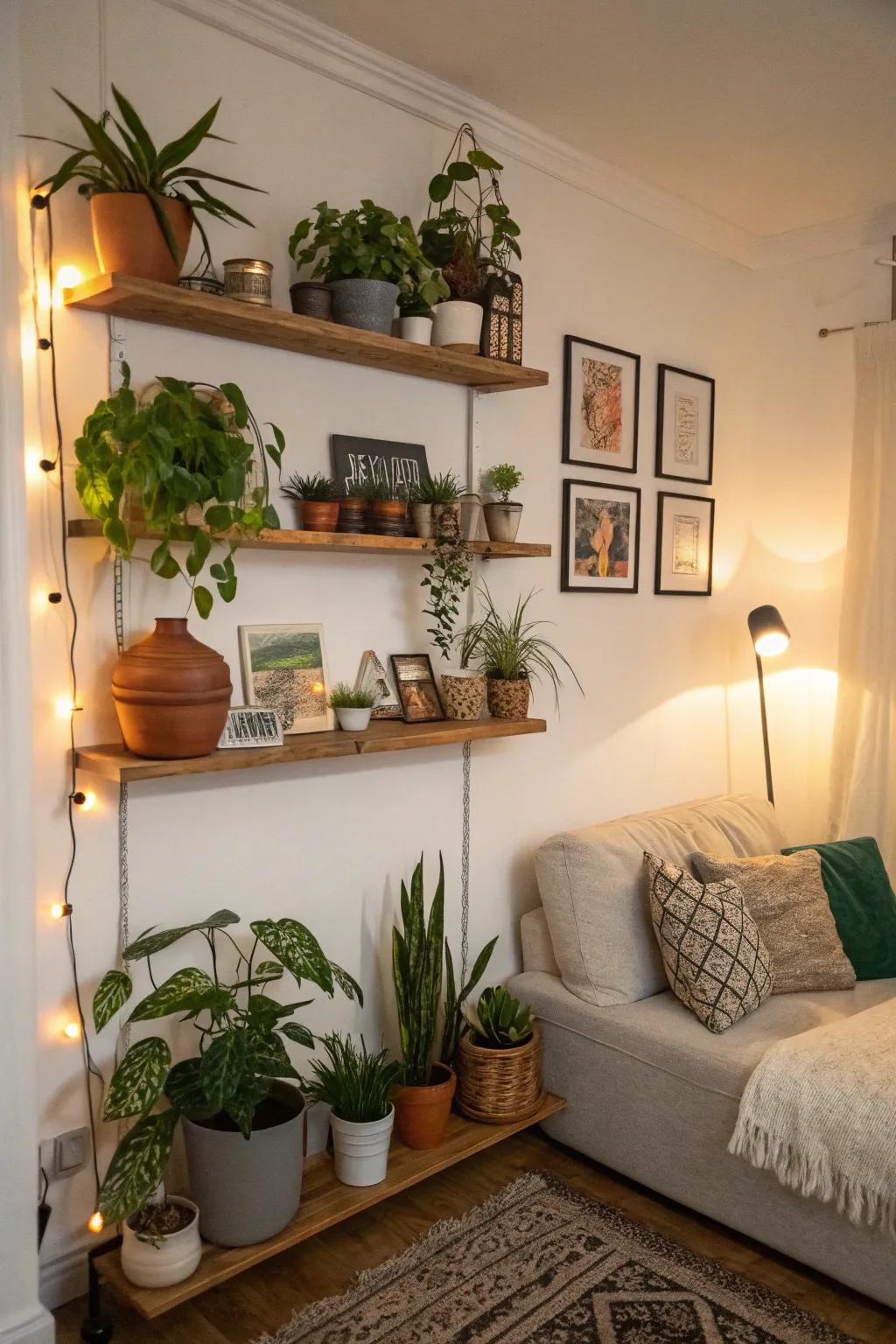 Hanging shelves make display space without cluttering the floor.