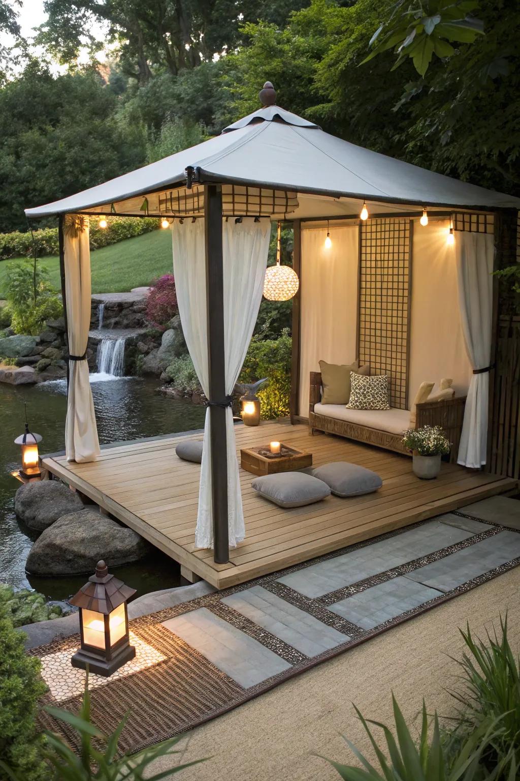 A zen meditation space offers a peaceful retreat.