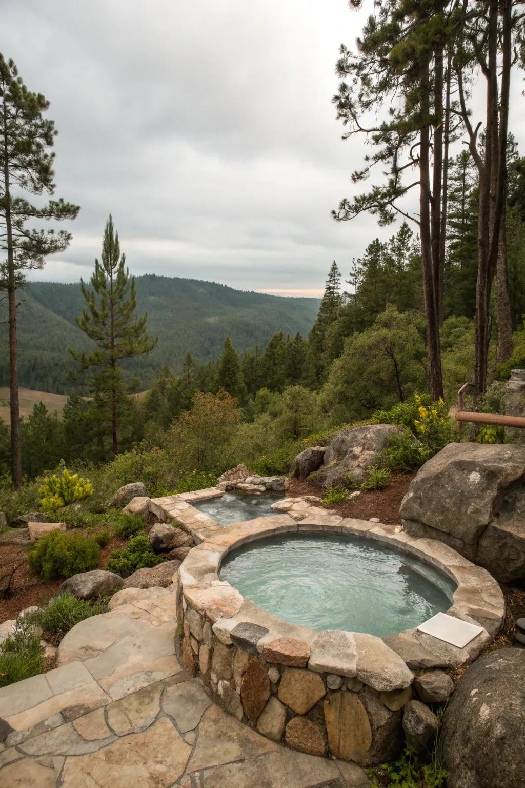 A hot tub surrounded by natural rock, blending harmoniously into the landscape.