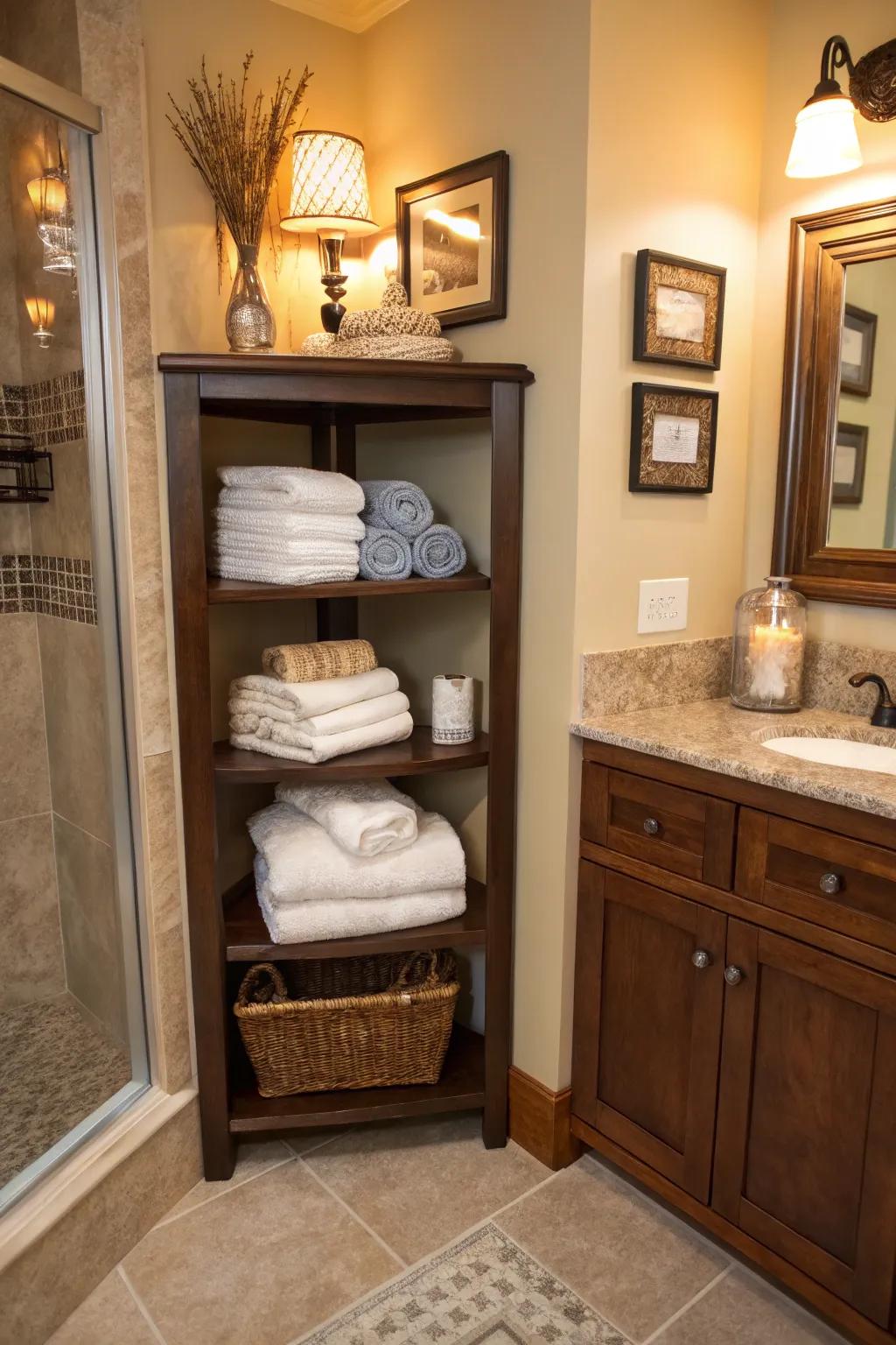 Corner shelving uses every bit of bathroom space.