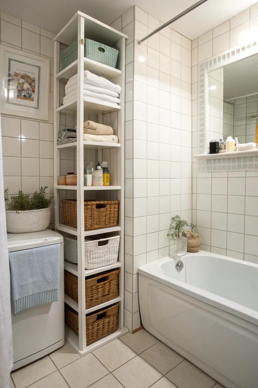 Vertical storage keeps a small bathroom arranged and spacious.