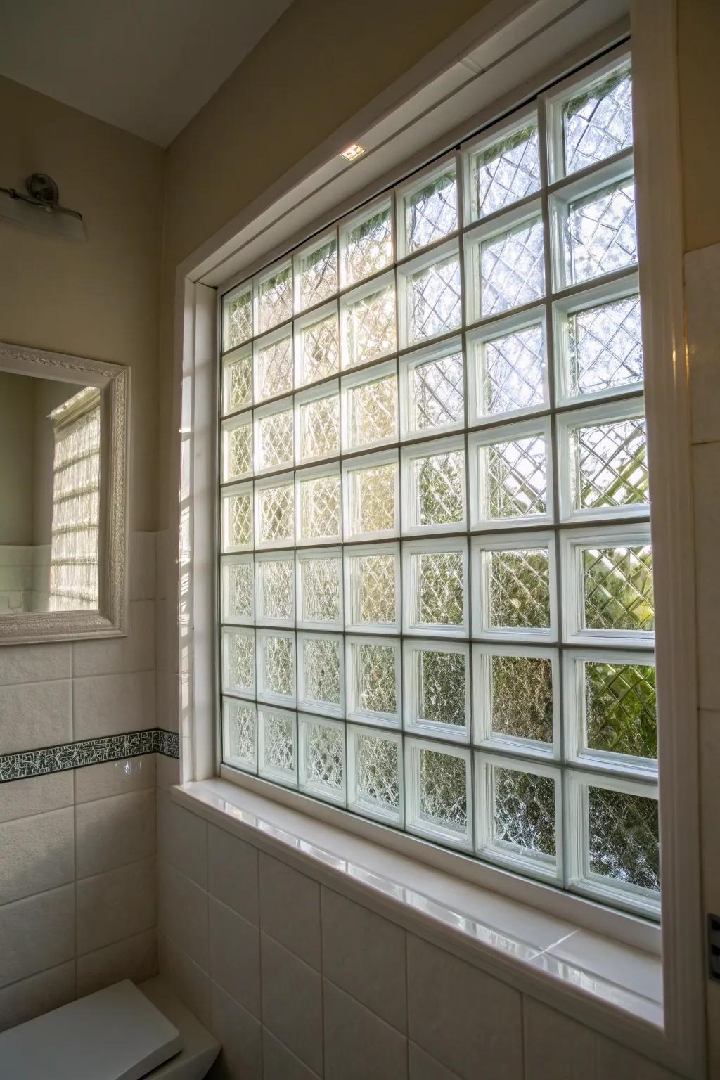 Glass tiles offer privacy with a modern touch.