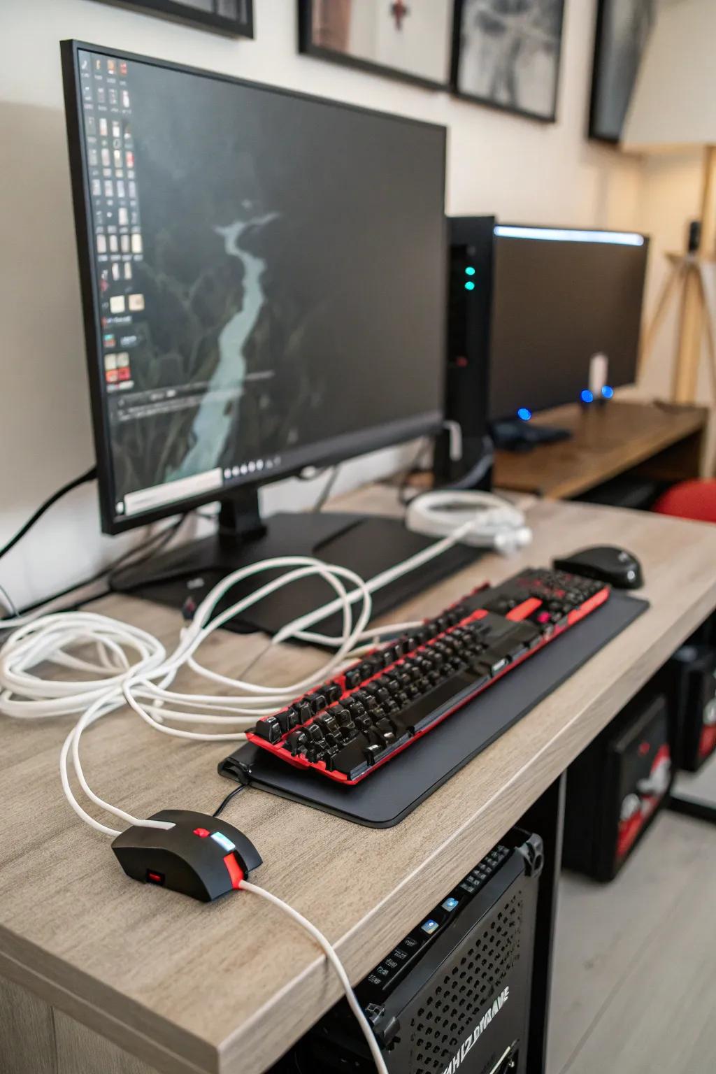 Efficient cable management ensures a clean and organized gaming setup.
